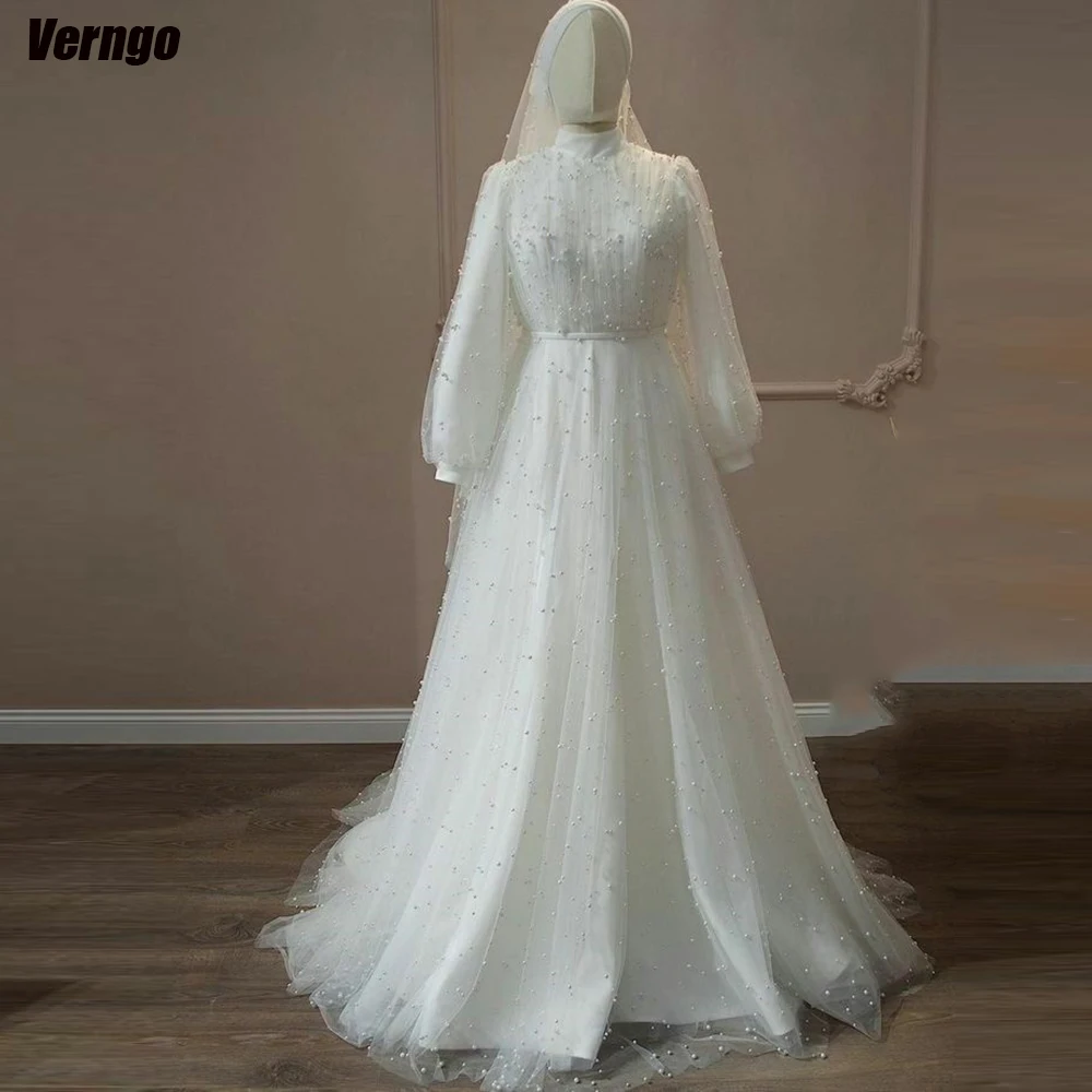 

Verngo A-line Wedding Dresses Long Sleeves High Neck Bridal Gown Floor-length 2024 Tulle Elegant Bride Dress Vestidos De Novia