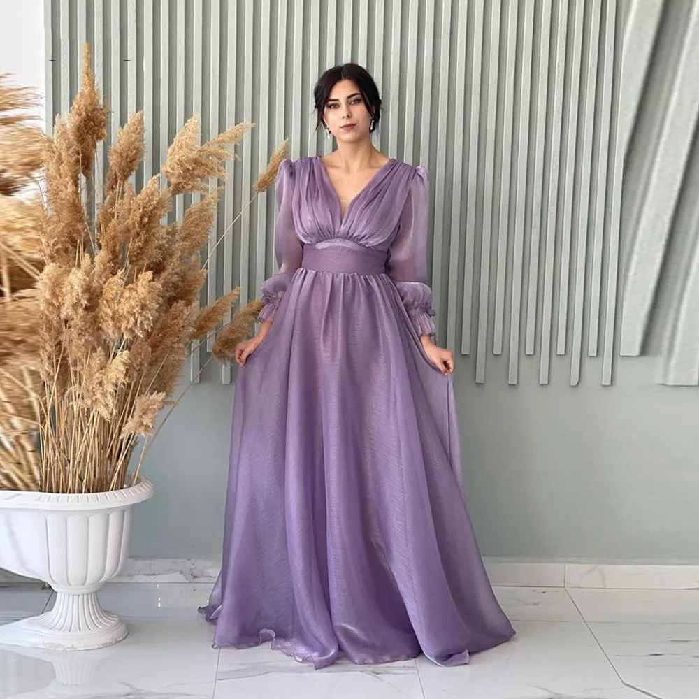Customized Lilac Long Sleeves Organza Prom Dresses V Neck Pleats Formal Wedding Party Gowns Simple Arabic Women Evening Dress