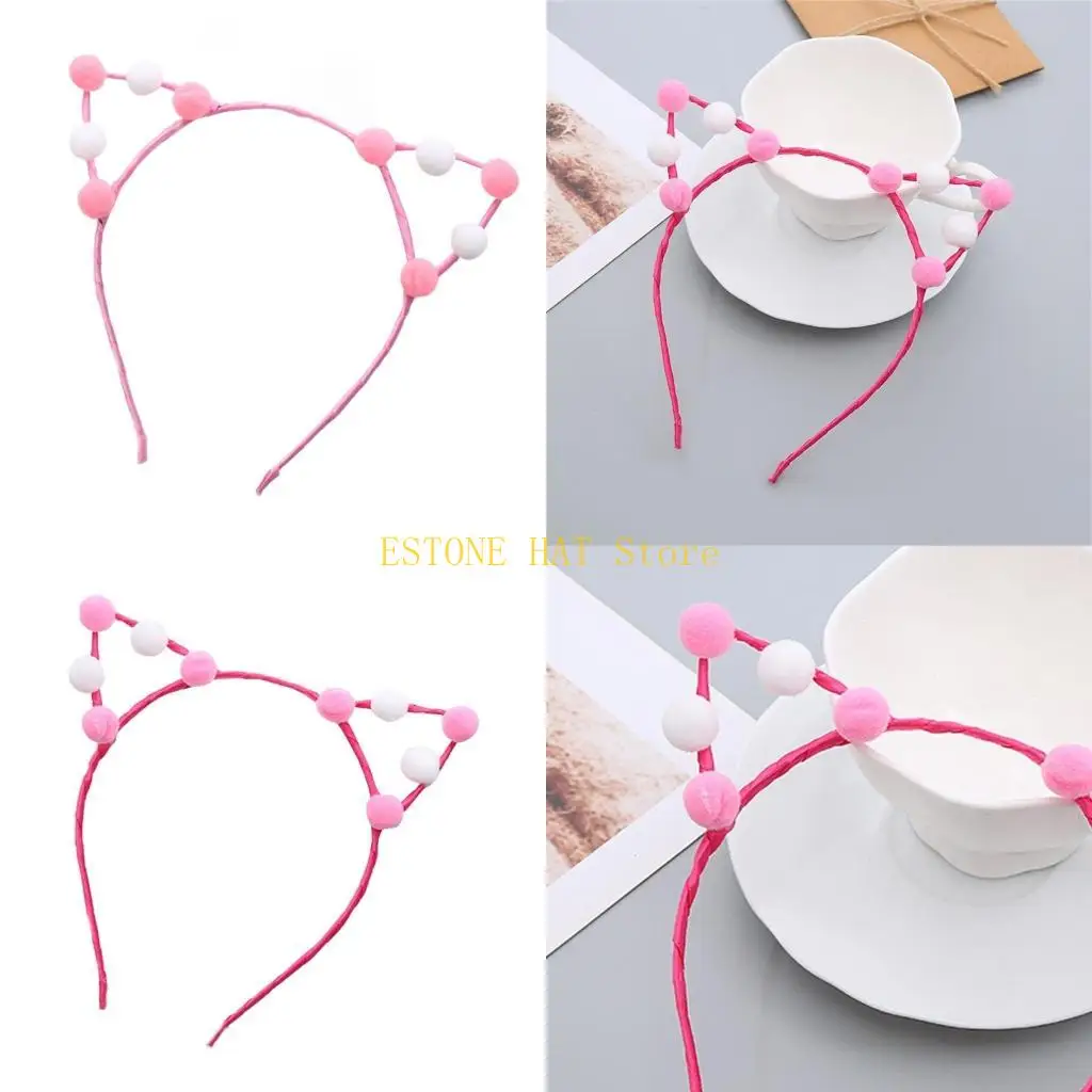 

49MF Cartoon Ear Hair Hoop with Pompoms Decor Hair Holder Festival Party Headwear