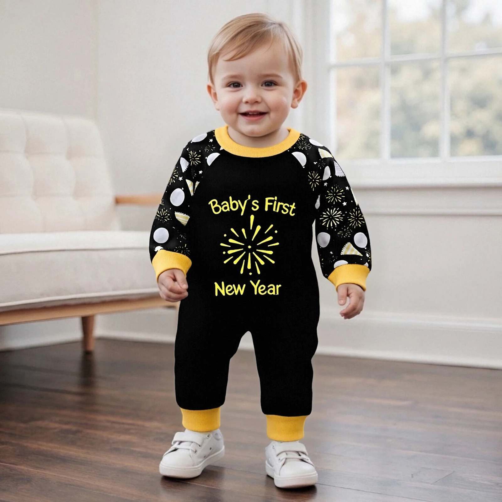 2026 السنة الجديدة الطفل ليلة رأس السنة رومبير فضفاضة تناسب الألعاب النارية إلكتروني نمط طاقم الرقبة طويلة الأكمام الوليد بذلة #1