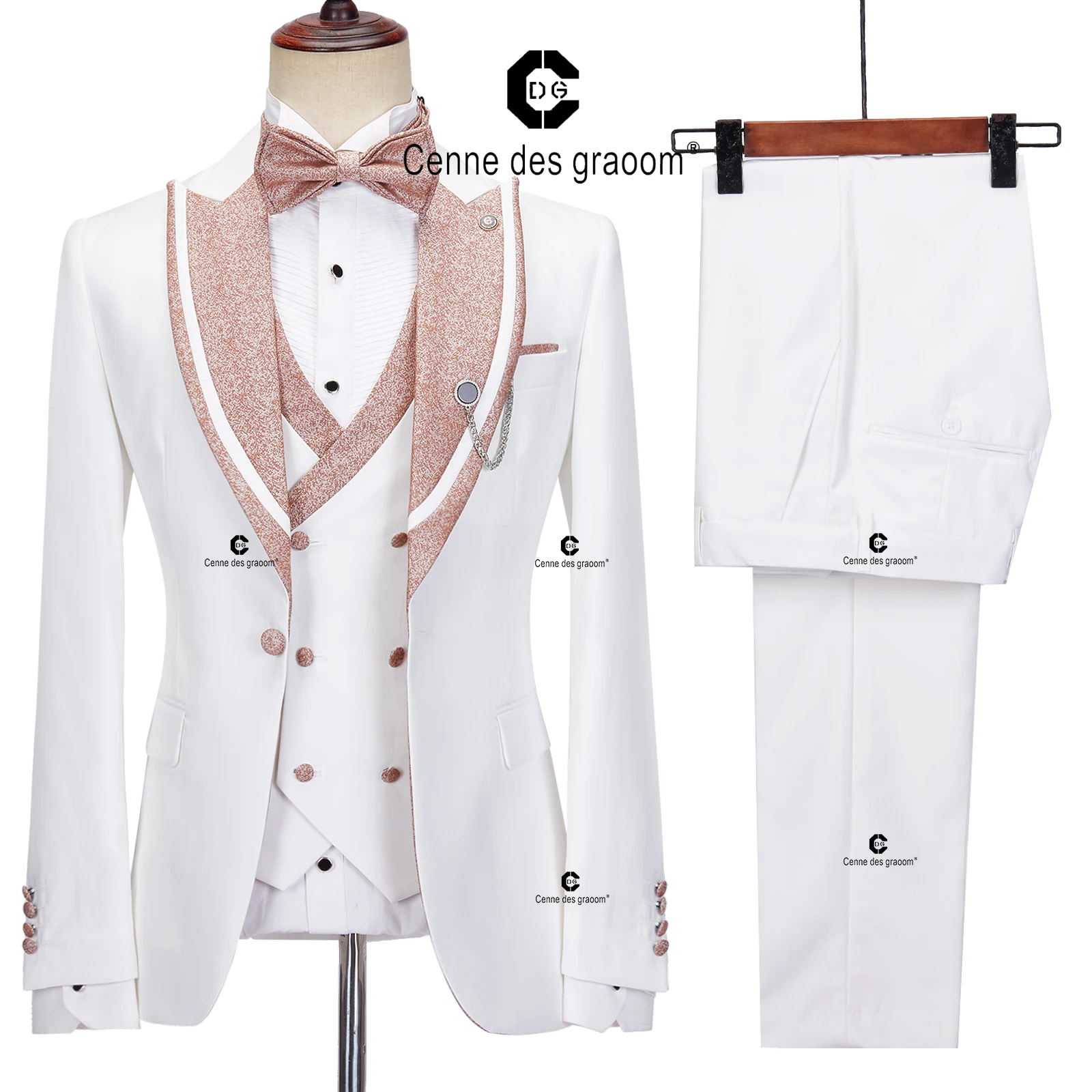 Cenne Des Graoom 2023 Elegant Suits for Men White Tuxedo Jacket Vest Pants with Bowtie 4pcs Set Wedding Dress Dinner Party