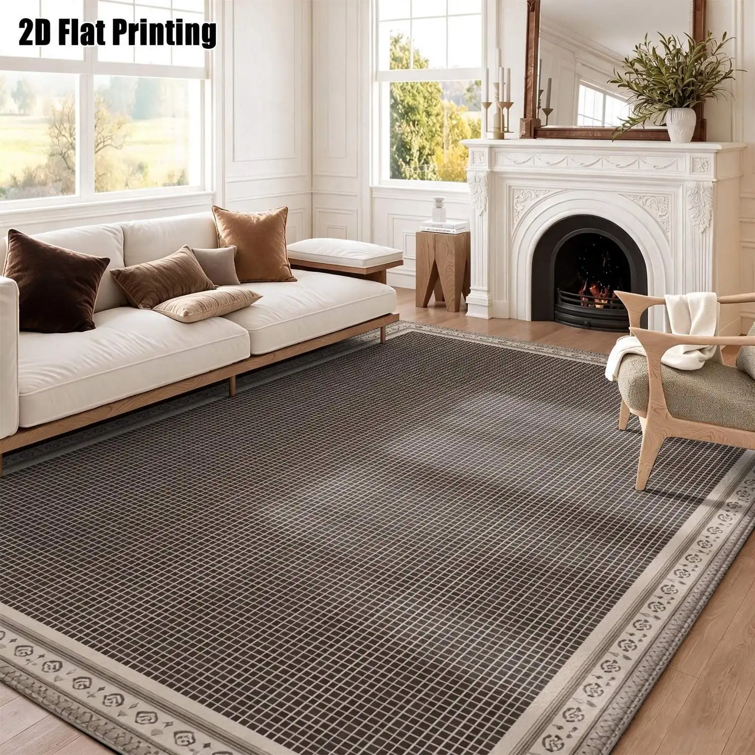 1Pc 2D Printed Dark Brown Checkered Carpet: European-Style Vintage Geometric Stripe Rug, with Simple Geometric Doormat, Home Decor, Multi-Size, Machine Washable, Suitable for Entrance, Dining Room, Foyer, Bedroom, Living Room