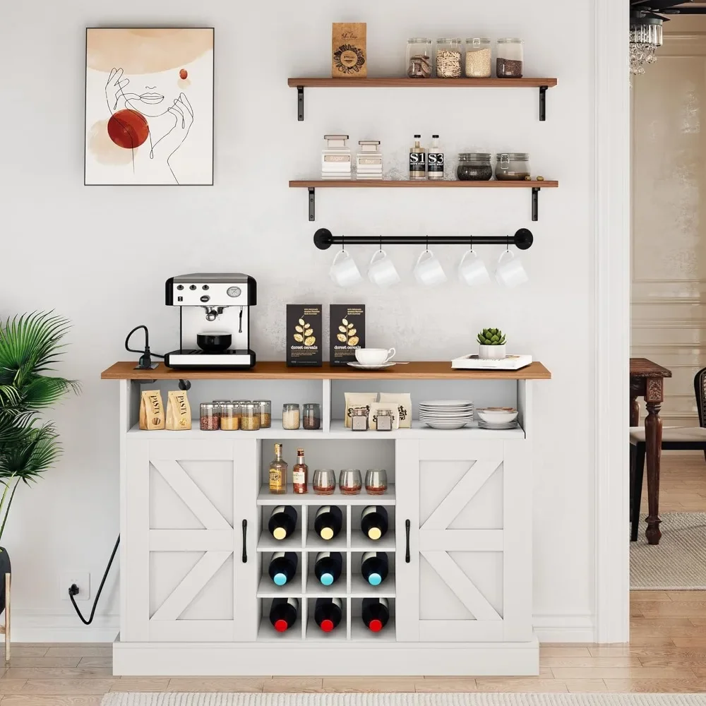 

Farmhouse Sideboard Buffet Cabinet - 47" Wine Bar with Floating Shelf, Hanging Rod & Power Outlets