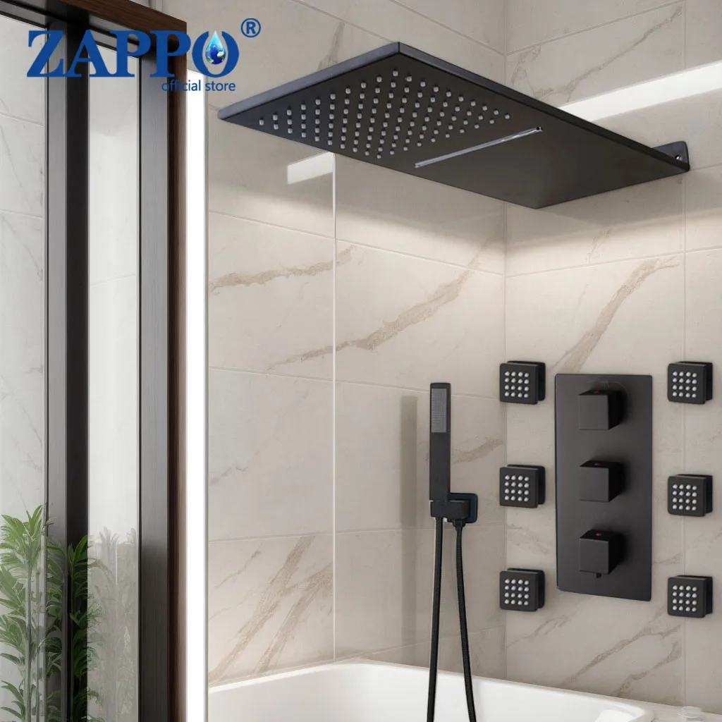 ZAPPO Bathroom Thermostatic Shower Set 4 Function Shower Systerm Black with 6 Shower Message Jets Bathroom Shower Faucet Set