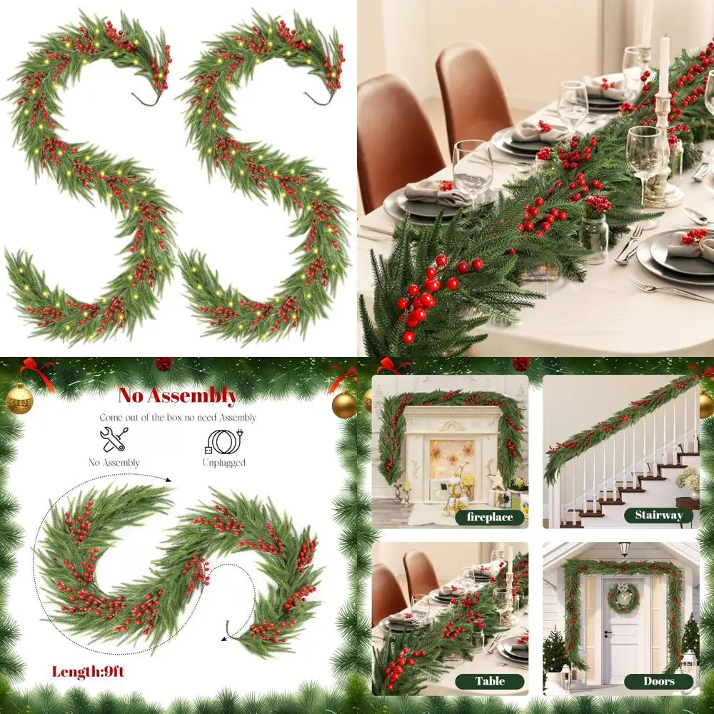 

9-футовая гирлянда из искусственной зимней зелени Real Touch с подсветкой для рождественской лестницы, стола, камина и декора стен