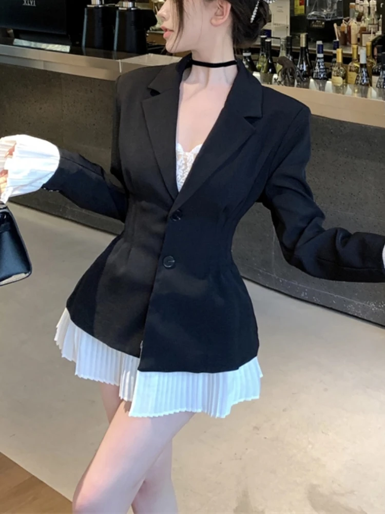 Spring Women Fashion Pleated Patchwork Black Blazer Long Sleeve Elegant Chic Solid Party Jackets Female Vintage Slim Coat Cloths