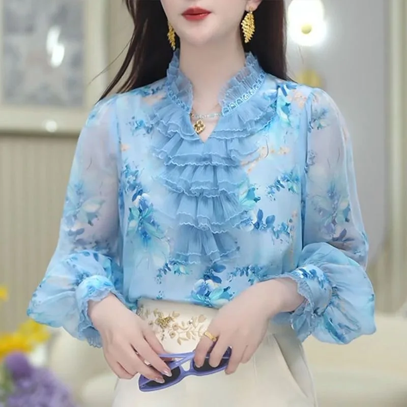 Blue V-Neck Chiffon Base Shirt Women's Spring Summer New Unique Design Beautiful Top Long Sleeve Small Shirt Commute Style Lo...