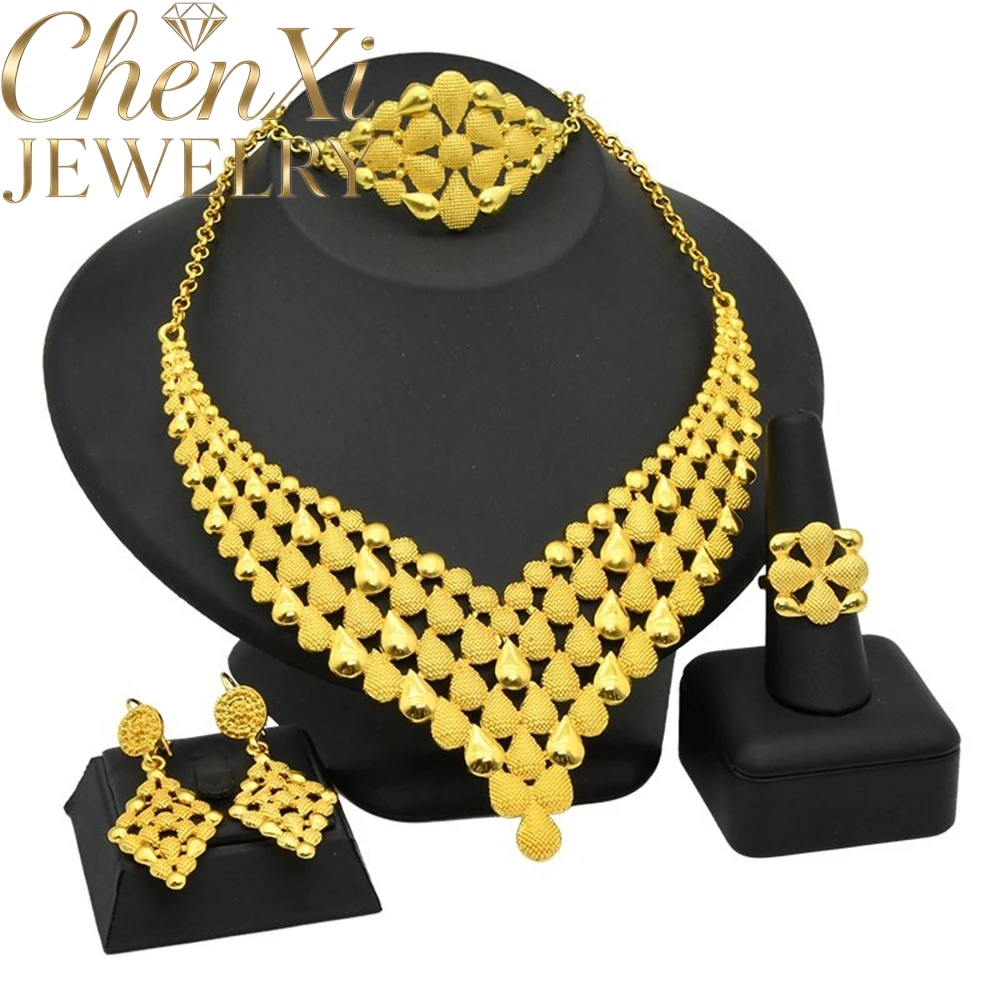 High-End Luxury Elegant Alluvial Gold Fashion Popular Jewelry Set Women Wedding Party Banquet Necklace Earrings Ring 4pcs Gift
