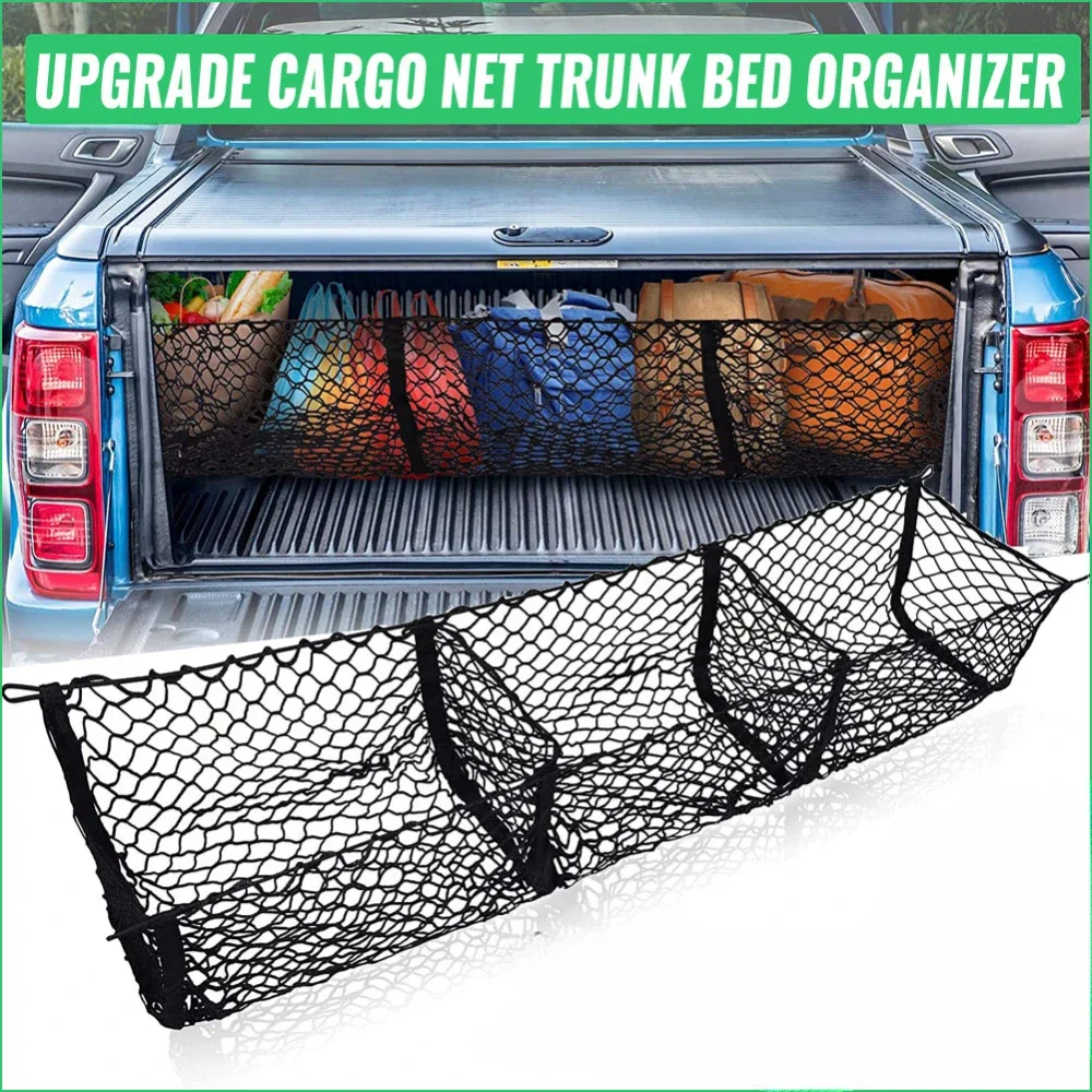 3 Pockets Cargo Net Stretchy Trunk Storage Organizer Net Heavy-Duty Luggage Holder with Mount Kit For SUV Pickup Truck Van