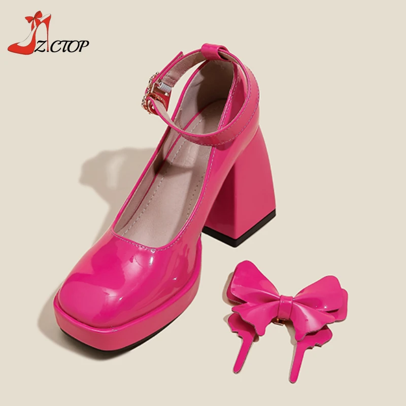 Rose Pink Chunky Platform Heels with Butterfly Women Ankle Strap Mary Jane Lolita Shoes Sweet Y2k Heeled Pumps Ladies