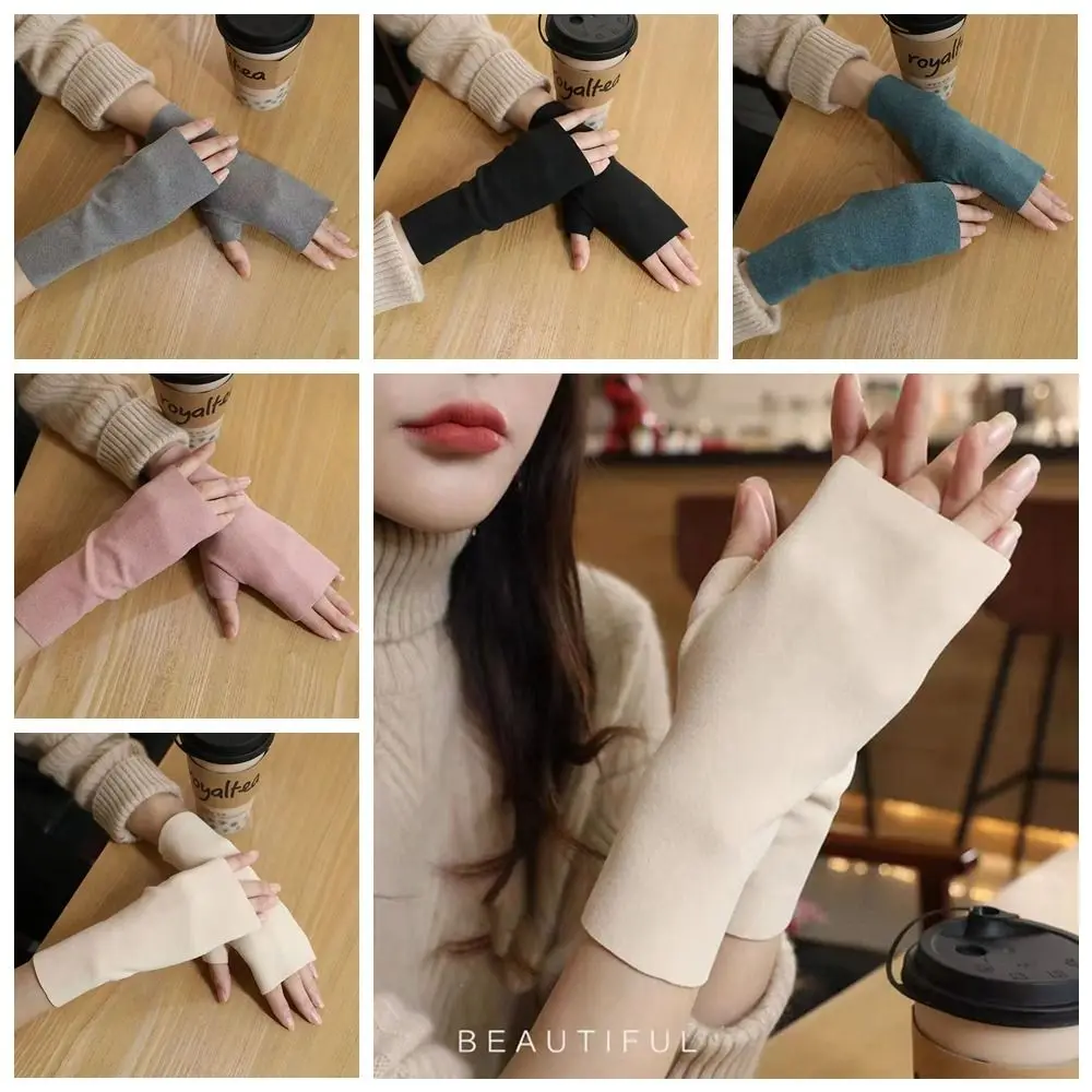 Touch Screen Winter Velvet Gloves Cycling Gloves Korean Style Half Finger Gloves Outdoor Riding Mittens Wristband