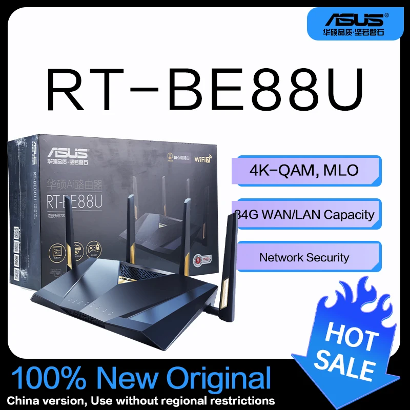 ASUS RT-BE88U Двухдиапазонный Wi-Fi 7 Выдвижной маршрутизатор AiMesh, 4K-QAM, MLO, SFP+, емкость 34G WAN/LAN, безопасность сети,