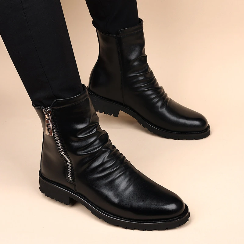 big size mens fashion party banquet high chelsea boots black designer shoes cowboy soft leather boot trend long motorcycle botas