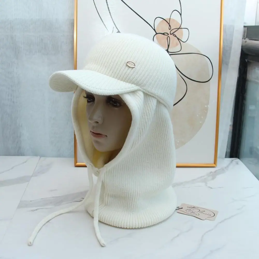 Soft Elastic Knit Balaclava Set Windproof Ribbed Texture Baseball Cap Hooded Scarf Open-top Hat Knit Beanie Hat Women Girls