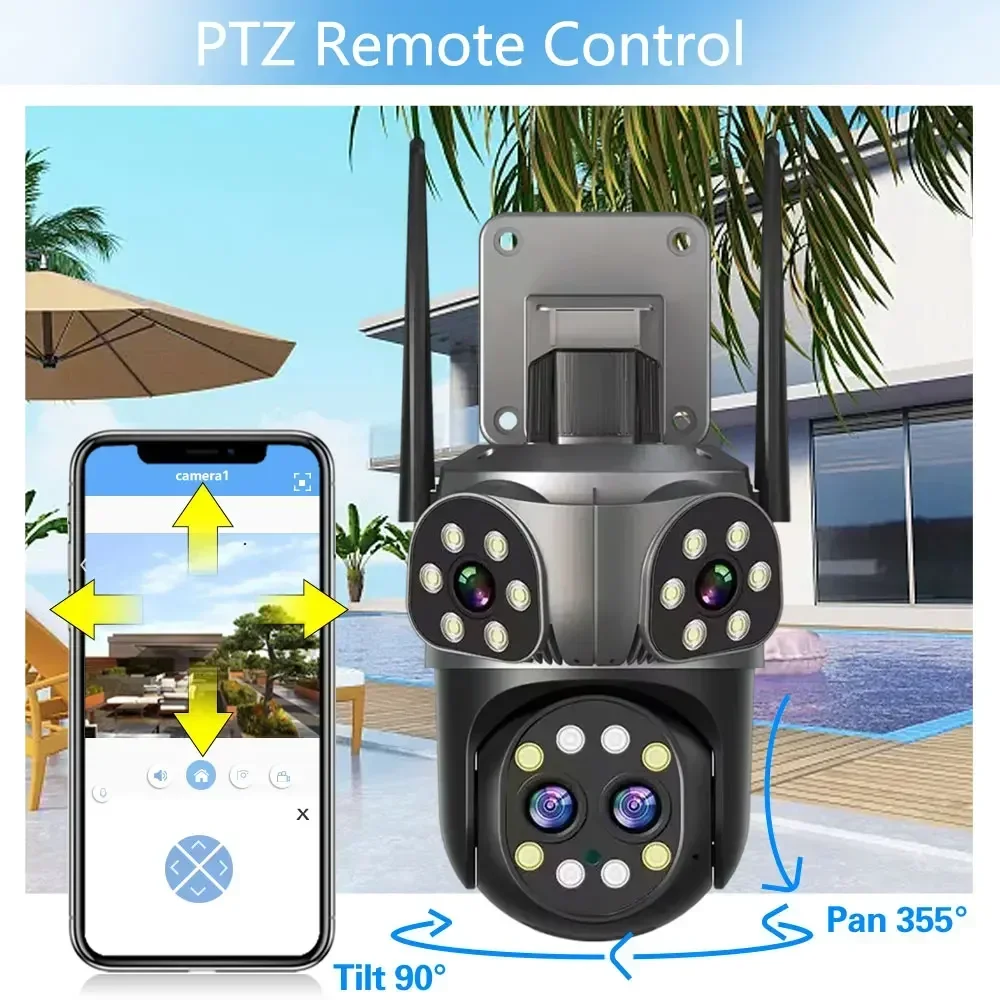 16MP 8K Wifi Surveillance Three-Screen 4-Lens 10X PTZ Zoom Outdoor Security IP Camera Color Night  Audio Bluetooth Connectivity
