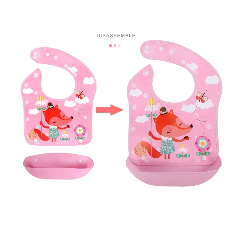 Baby Feeding Bibs with Rice Pocket Waterproof EVA Baby Saliva Towel Cute Cartoon Children Eating Silicone Bib