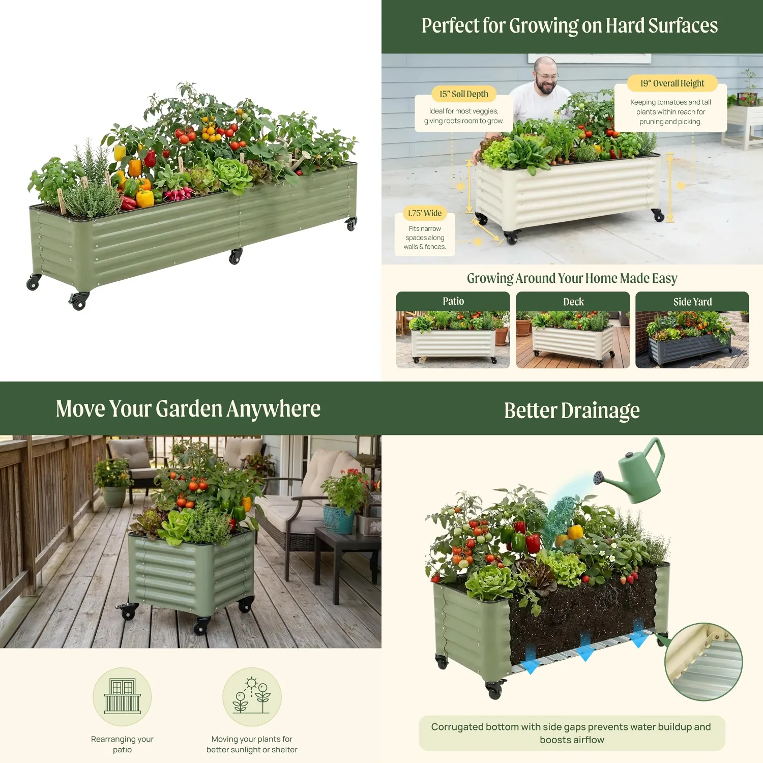 

Mobile Metal Raised Garden Bed Rolling Planter Box Deep Durable for Patio Deck Balcony 1.75x8ft, Customized
