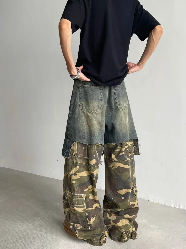 Ropa Y2K Grunge Camouflage Patchwork Baggy Gestapelde Jeans Broek Voor Mannen Kleding Nieuwe Rock Wijde Pijpen Rechte Denim Broek