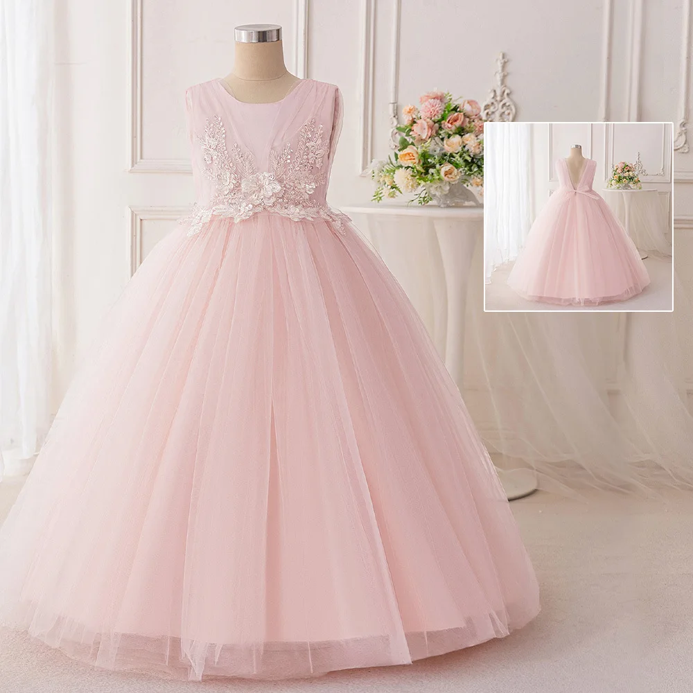 Girl Princess Dresses Tulle Puffy Backless Wedding Bridesmaid Elegant Dress For Girl's Ceremonial Dress Piano Performance Gown