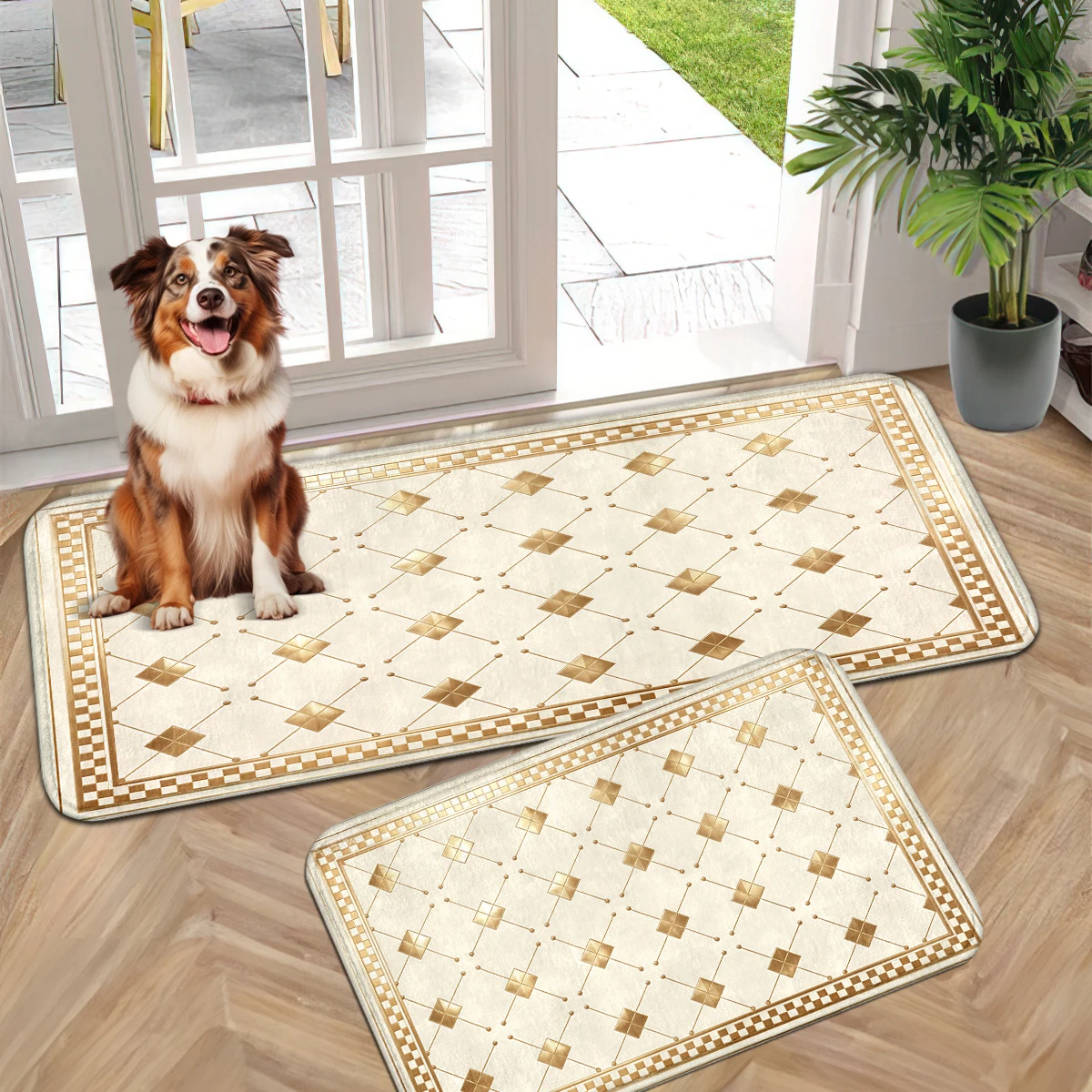 Vintage Luxury Print Mat, Pet Paw Door Mat, Classic Argyle Rug, Wood Grain Paw Diamond Border Decor Set.