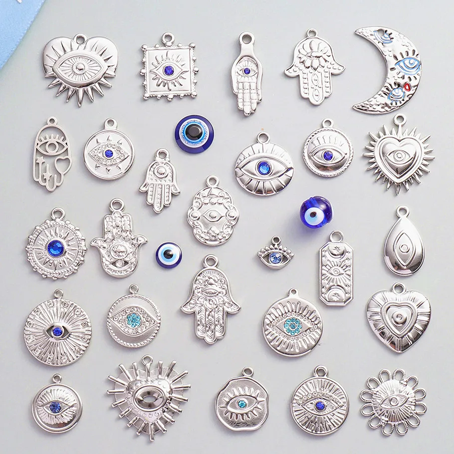 6 Stück böser Blick Anhänger, dunkelblaue Herz- und Mondaugen-Anhänger, Strass-Edelstahl-Anhänger für die Schmuckherstellung, Halskette, Schlüsselanhänger – Detail 1