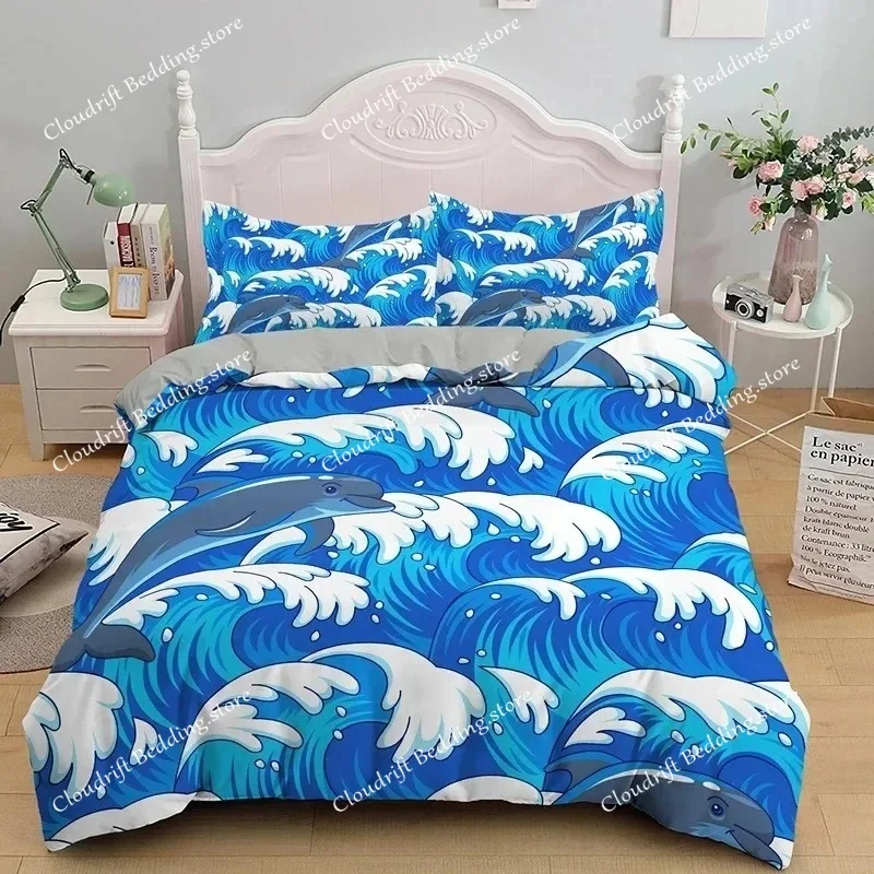 

3D Dolphin In Blue Sea Queen King Size Bedding Sets Animal Single Quilt Duvet Cover Set Boys Adult Bed Polyester Bedclothes