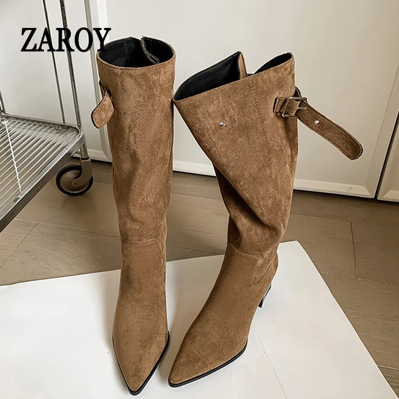 ZAROY Retro Knight Long Boots Winter Punk Belt Buckle Back Zipper Suede Tall Boots Sexy Pointed Toe Chunck Heel Riding Booties