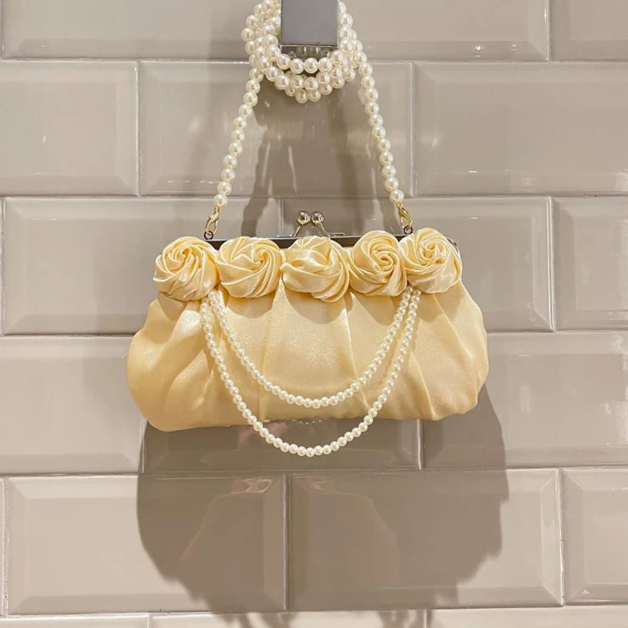 Romantic Rose Flower Pearls Satin Clutch Bag Banquet Handbag Perfect For Party Evening Bags, Suitable For Wedding Shell Clip Bag