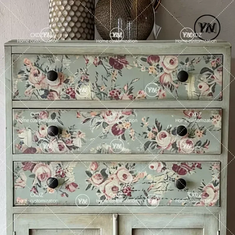 Retro Flower Pattern Side Cabinet Antique Painted Bedroom Storage Locker Solid Wood Living Room End Table Vintage Style