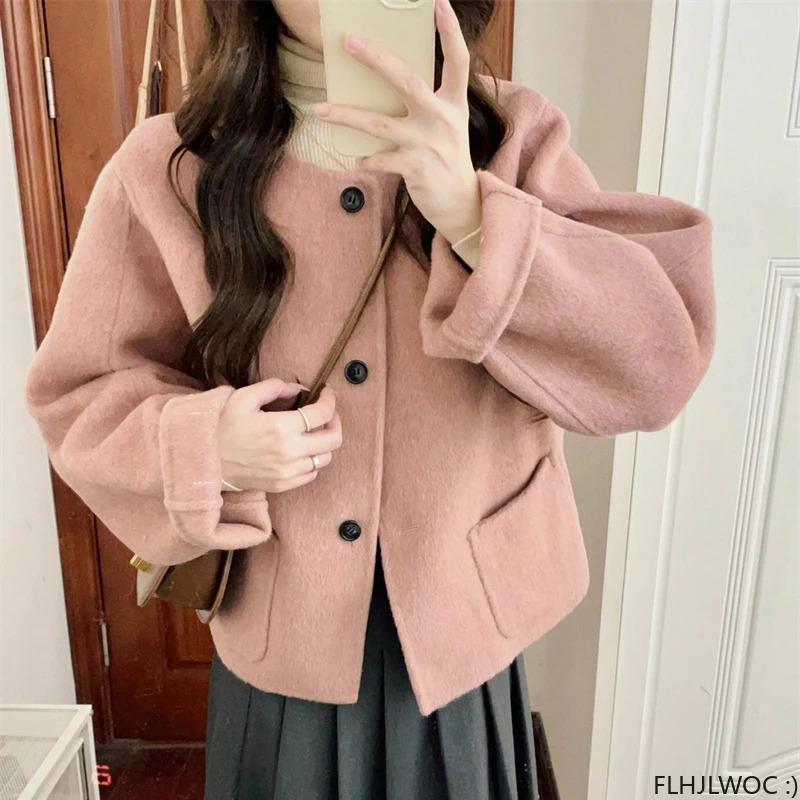 Cute Short Jackets Pink Retro Vintage Preppy Design Chic Korea Japan Style Girls Office Lady Woolen Coats 2024 Winter Spring