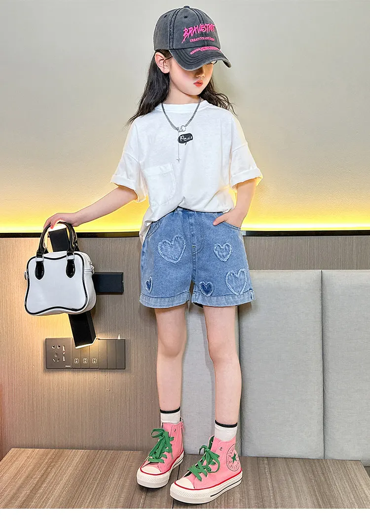 Mädchen-Shorts mit Herzmuster, hohe Taille, Sommer-Sonderangebote, Teenager-Kinder-Mode-Jeans, kurze Hosen für Kinder, Kleidung für 5-14 Jahre – Detail 2