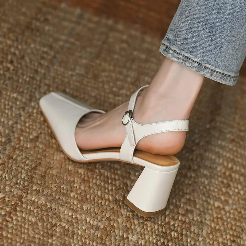 

Women Pumps One Strap Ladies Shoes Retro Style High Heel Elegant Women Sandal Square Toe Spring Atumn Real Leather Dress Shoes