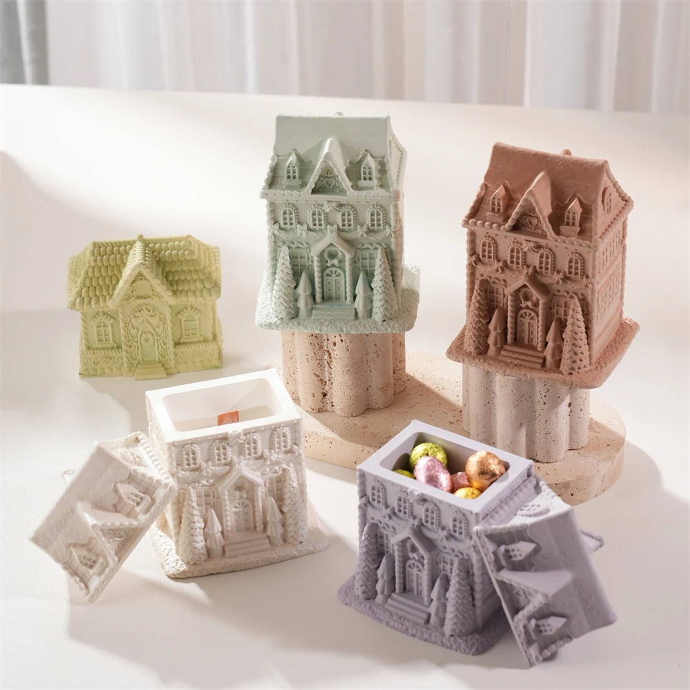 Christmas Decoration Gingerbread House Candle Jar Concrete Silicone Mold with Lid Wax Melt Burner Plaster Storage Silicone Mould