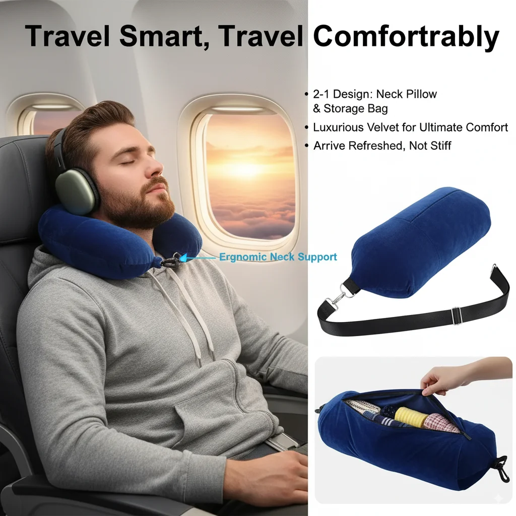 

Adjustable Travel Neck Pillow Portable Stuffable With Clothes Waterproof Carry Bag Lightweight Support Cushion Airplane Train