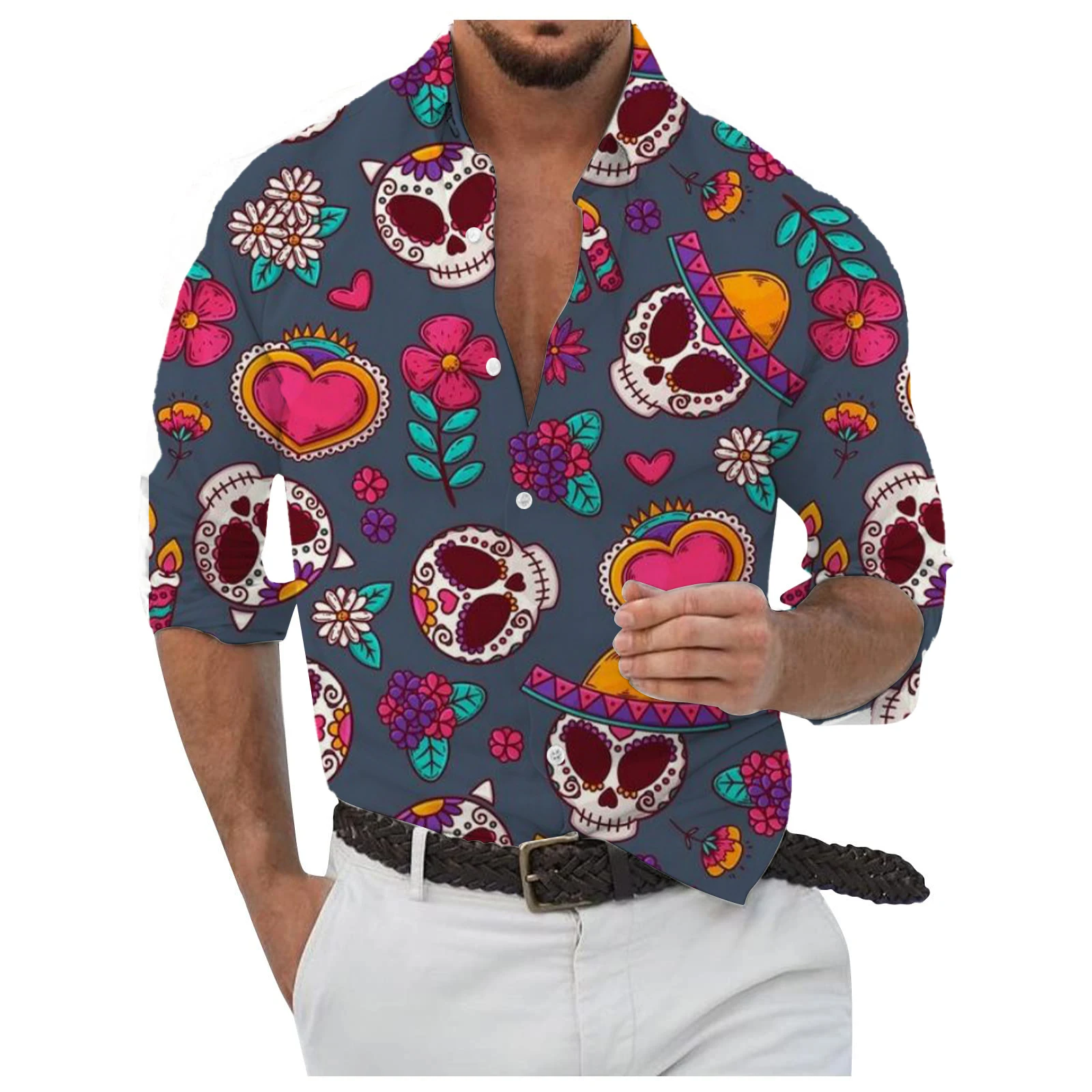 Camisa de manga larga con gráfico de calavera de azúcar de México para hombre, Tops transpirables, camisas de manga larga con patrón temático de halloween, cuello vuelto