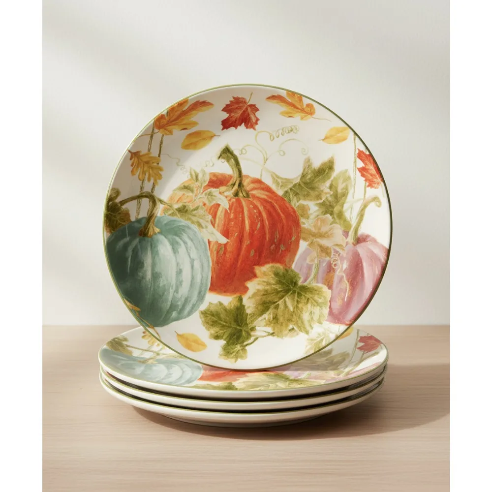 

Autumn Harvest 11" Dinner Plates Set of 4, Multicolor Large Earthenware, Dishwasher Microwave Safe for Fall Decor