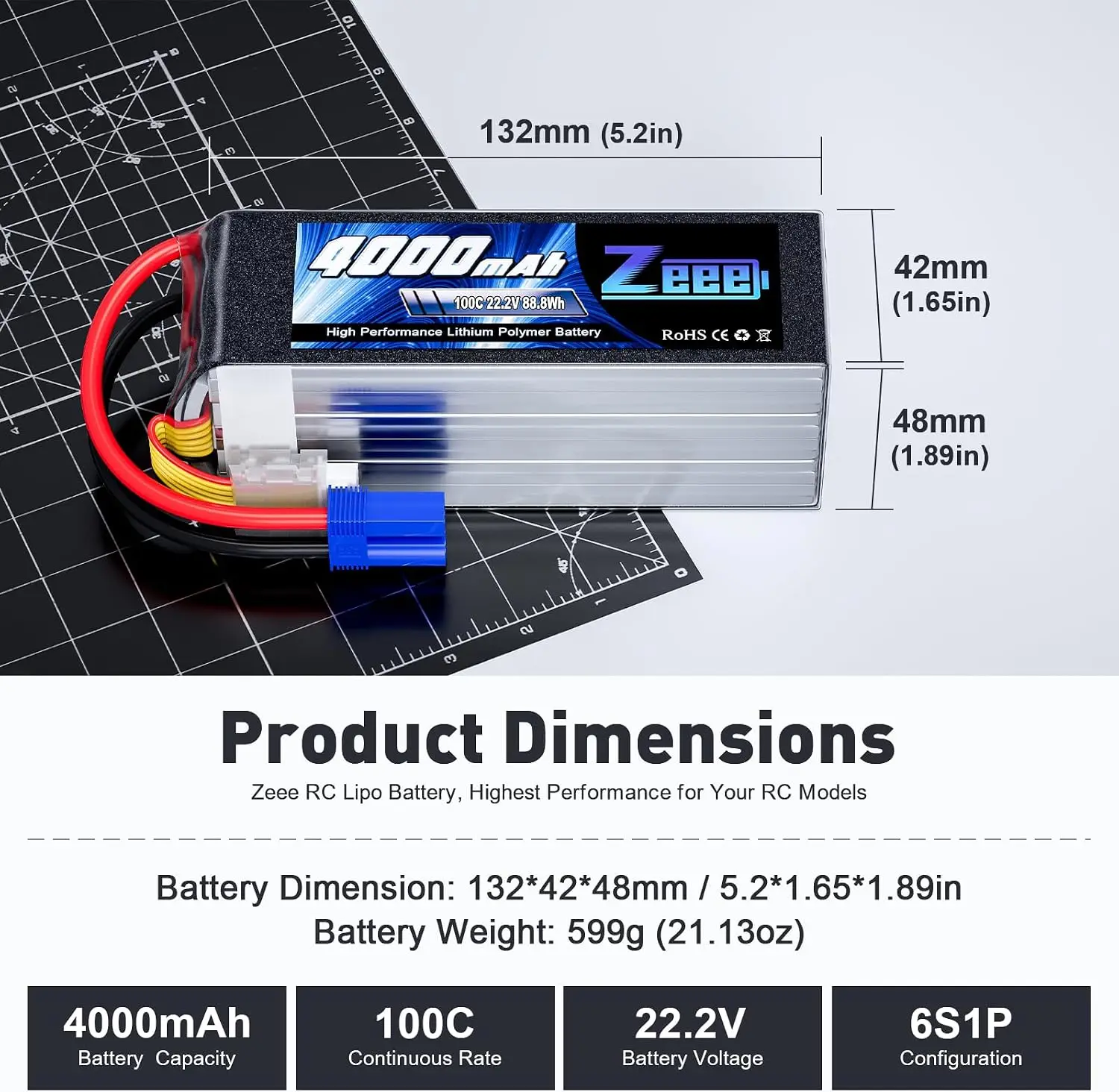 6S Lipo Battery 4000mAh 22.2V 100C with EC5 Connector | Soft Pack Battery for RC Airplane Helicopter RC Car Truck Tank Drone Rac
