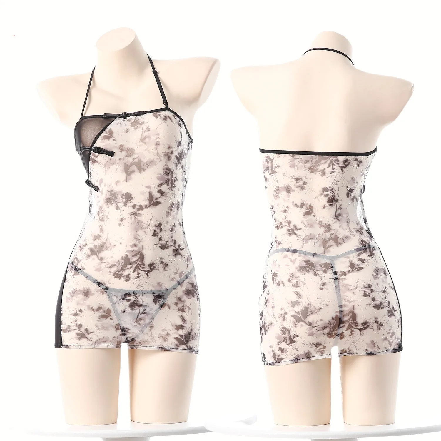 

Sexy Chinese Cheongsam Mini Dress for Women Ink Print Hanging Neck Improved Elegant Fashion Sweet Style Dress