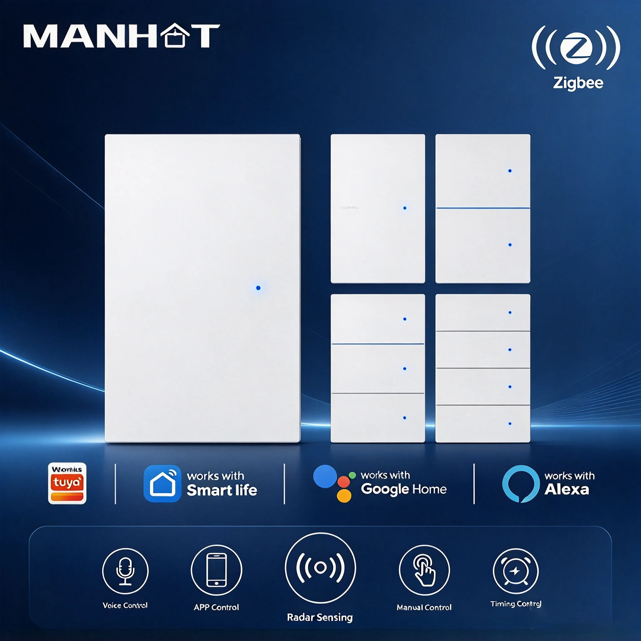 Manhot Zigbee Smart Wall Light Switch Push Button 1-4 Gang Switches With Neutral Voice Control Work with Tuya Alexa Google Home