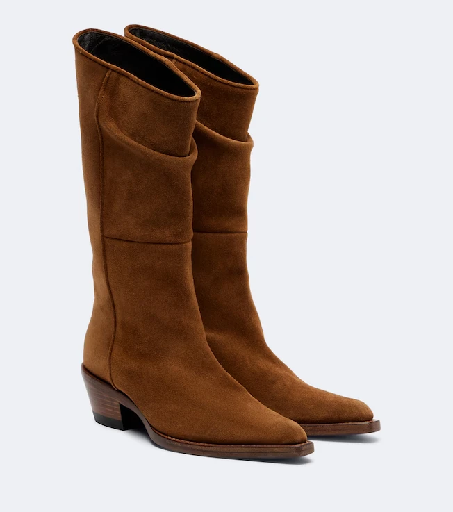Suede Brown Chunky Heel Mid Calf Boots 2026 Winter Autumn Women Dress Shoes Round Toe Hot Sale Slip On Footwear