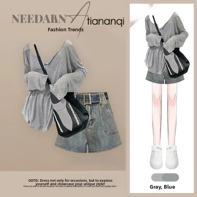 

Spring 2026 Chic Korean Style Shirt Top High Waist Slimming Wide Leg Jeans Shorts Two Piece Set Fashionable Casual Outfit