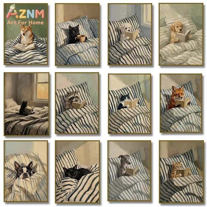 Cute Dog Fox Raccoon Reading Book in Bed Poster Black Cat Drinking Coffee Canvas Painting Wall Art Print Illustration Home De