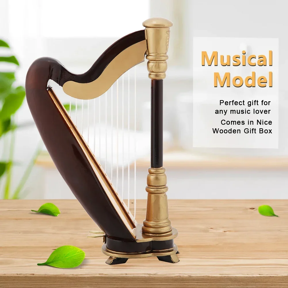 Adornos de instrumentos musicales en miniatura, Latón chapado en oro, decoración pequeña, trompeta, trombón, arpa, modelo de flauta