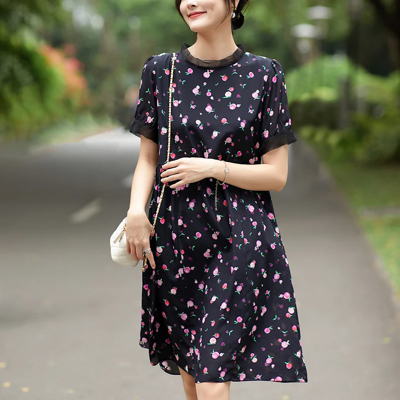 

Elegant Fashion Dresses For Women 100% Real Silk 2024 Summer Short Sleeve Woman Floral Print Dress A-line Women's Casual Dress