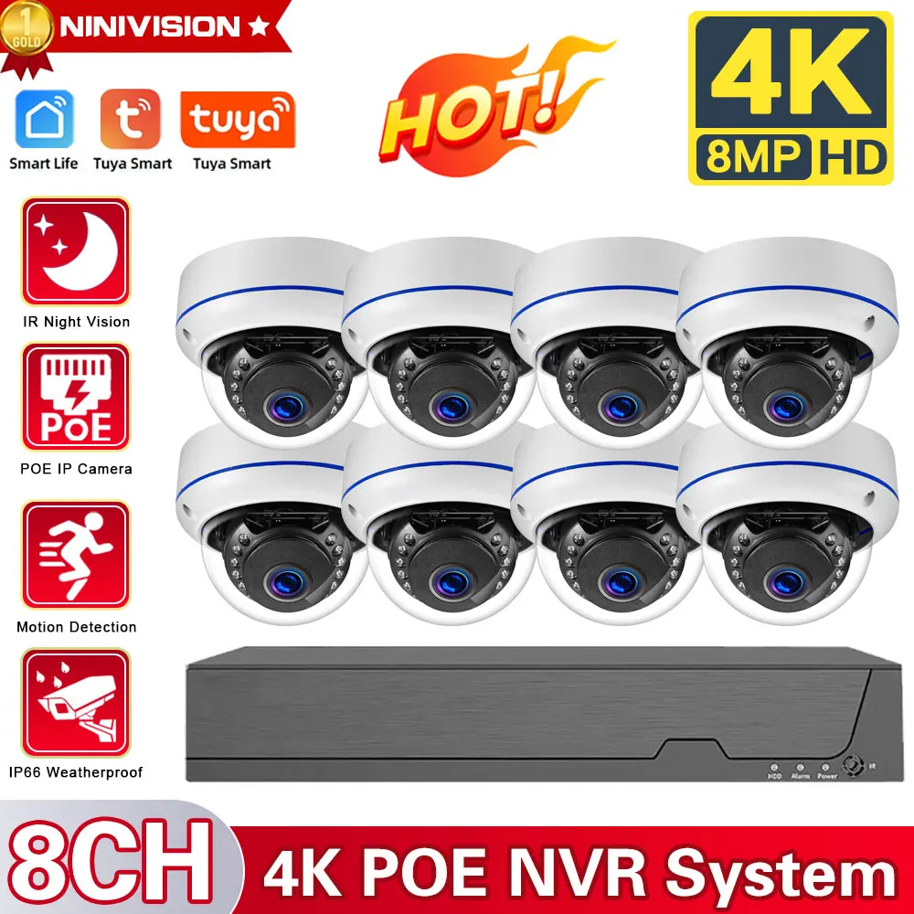 

TUYA 4K Ultra HD POE Video Surveillance System 8CH NVR Recorder With 8MP Security Camera CCTV Kit Audio Recording Dome Ip camera