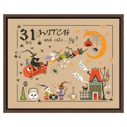 Czarownica i koty mucha zestaw do haftu krzyżykowego Halloween kreskówka 18ct 14ct 11ct lniane płótno lniane haft DIY