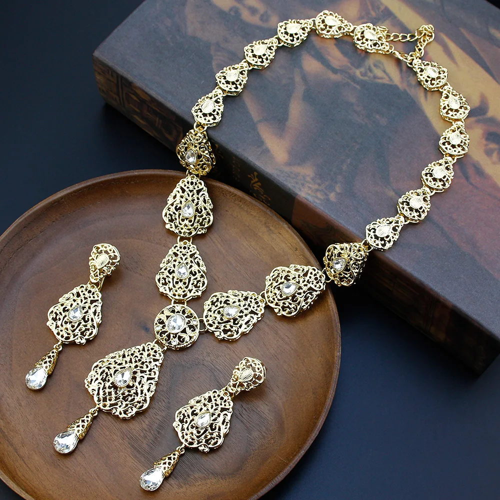 Algeria Morocco Jewelry Sets Long Earring Necklace Set For Women Hollow Arabesque Pendant Necklace Gold Color Bride Jewelry