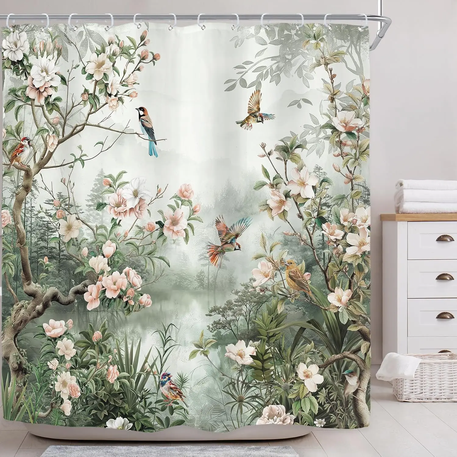 

Винтажная занавеска для душа с цветочными птицами, принт пиона в азиатском стиле, водонепроницаемый декор для ванной комнаты из полиэстера