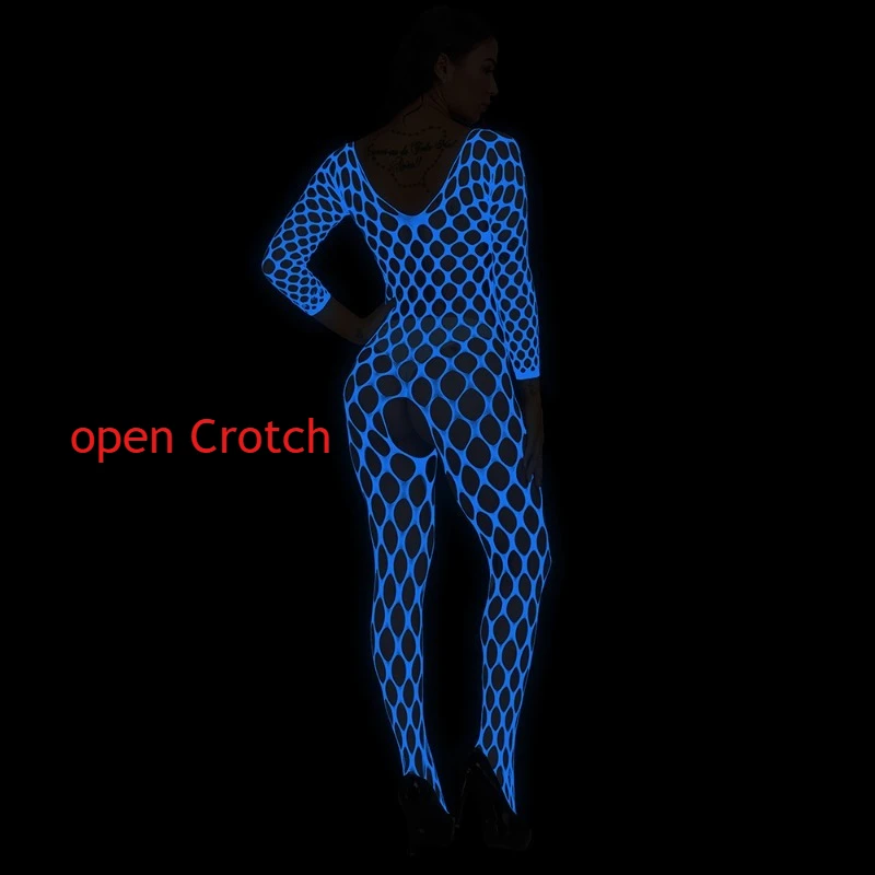 Women's Night Luminous Sexy Lingerie Long-sleeved Open Crotch Perspective Firefly Light Onesie Blue Light Onesie Net Socks  Coat