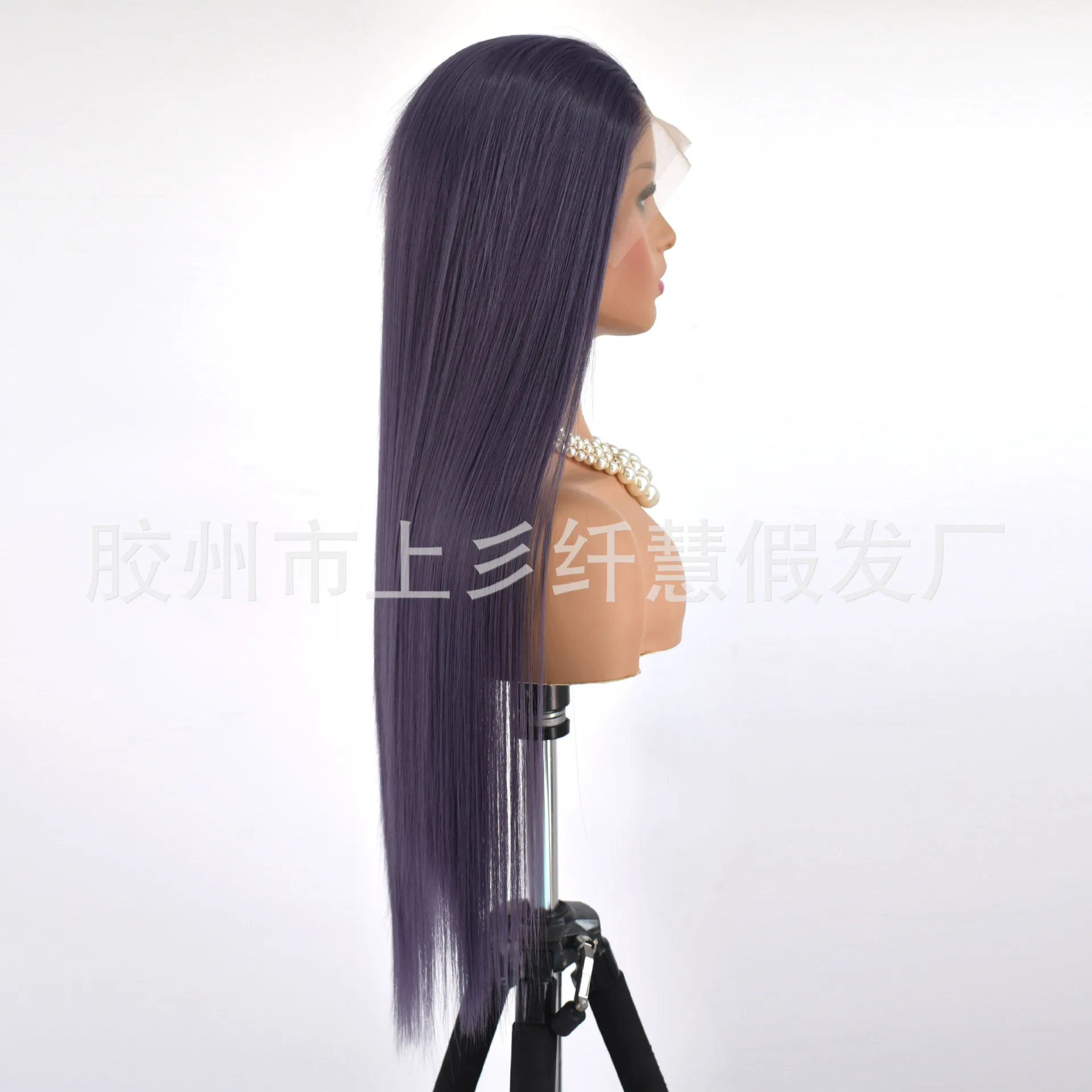 Synthetic Lace Front Smoky Purple Long Straight Wig Glueless Natural Transition Hand-Tied Matte Fiber Cosplay Party Costume Hair